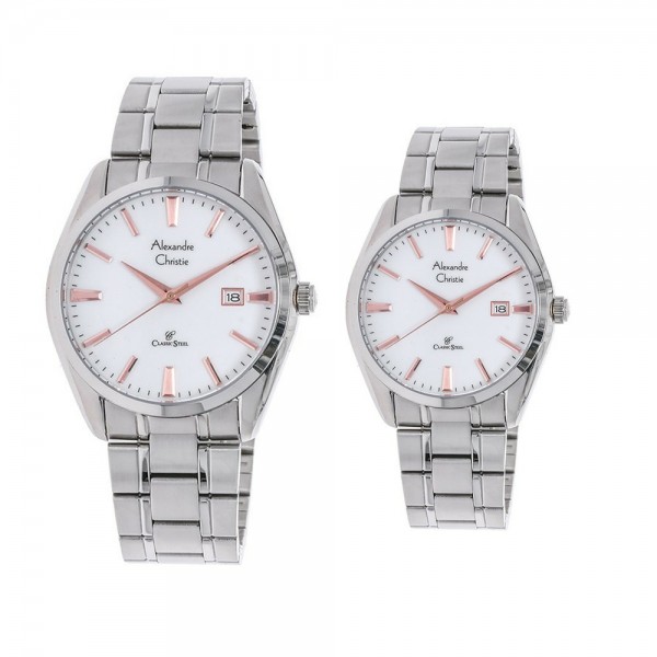 Alexandre Christie AC 8515 Silver White Rosegold Couple